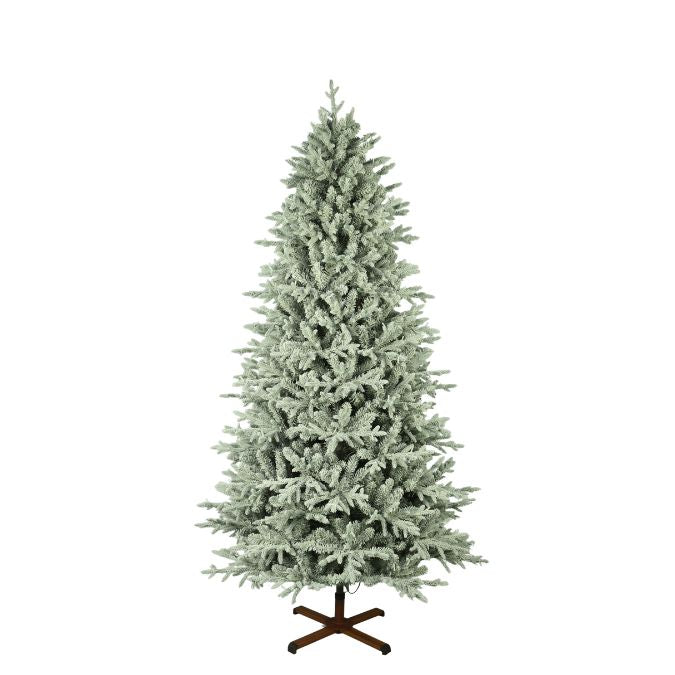 A 7.5 Ft. Nordic Flocked Fir Multi-Function Lights artificial Christmas tree with flocked branches set on a brown metal stand.