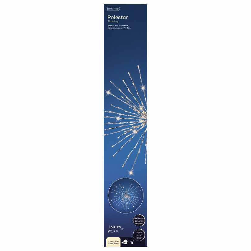 A rectangular blue box for Polestar Flashing LED 160 ct. Silver Decoration Warm White displays starburst LEDs, highlights outdoor décor appeal, and features the brand