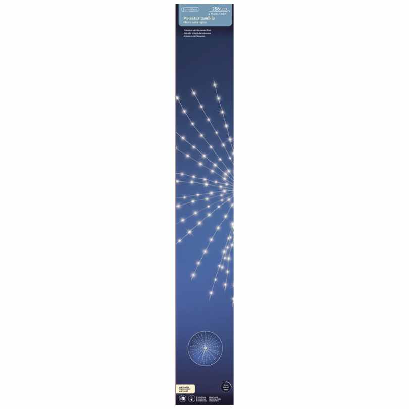 A tall, rectangular box with a blue background shows a starburst design of warm white LED lights, featuring the Polestar Micro LED Light – Warm White – 30-Inch. The packaging includes a small circular photo of the assembled lights. Brand: Available for Pick-Up & Delivery.
