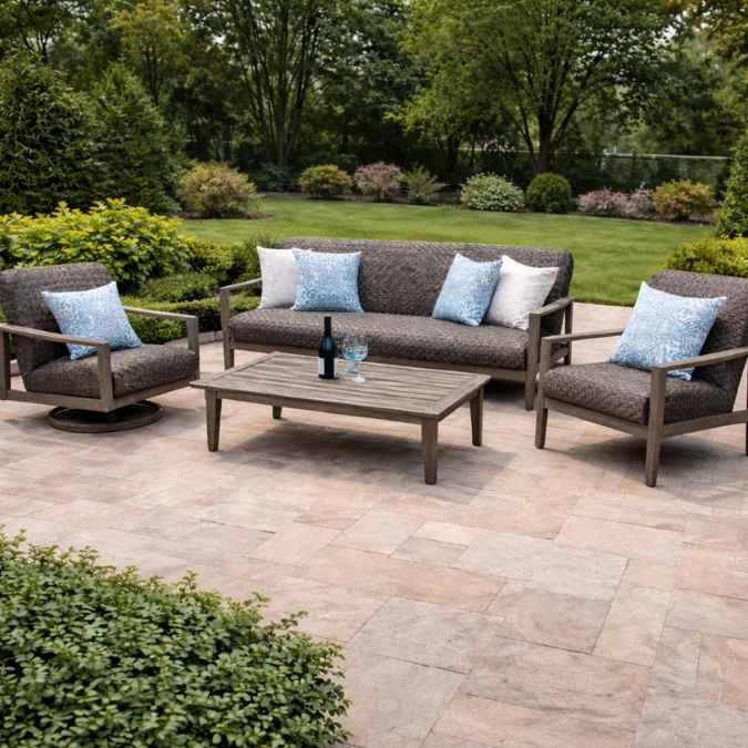 The Delivery Only Provence 4-Piece Outdoor Patio Seating Set includes a sofa, two armchairs, and a wooden coffee table with gray cushions and blue-and-white pillows, perfect for relaxing on a stone patio surrounded by greenery.