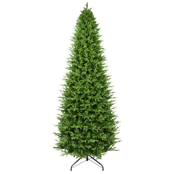 Tall, slim 11 ft Rocky Mountain Fir Multi-Function Lights Christmas tree with realistic foliage on a black metal stand.