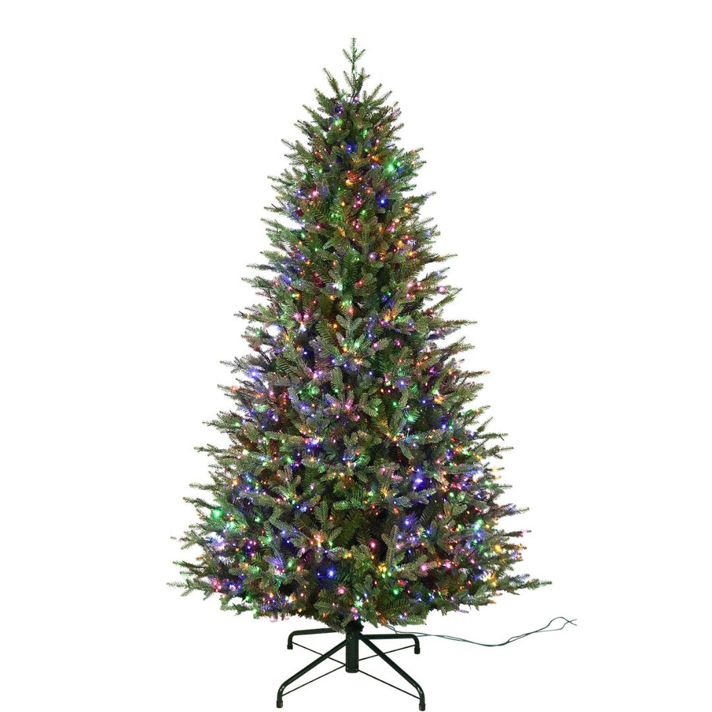 Lifelike 7.5 ft. Rocky Mountain Fir Multi-Function Lights artificial Christmas tree with multicolored lights on a black metal stand.
