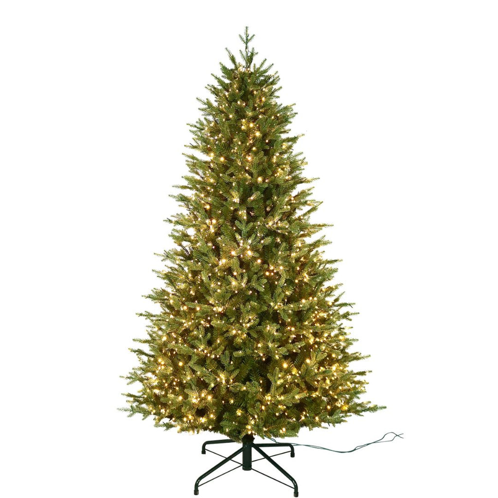 A 7.5 ft. Rocky Mountain Fir Multi-Function Lights artificial Christmas tree with realistic foliage and warm white lights on a metal stand.