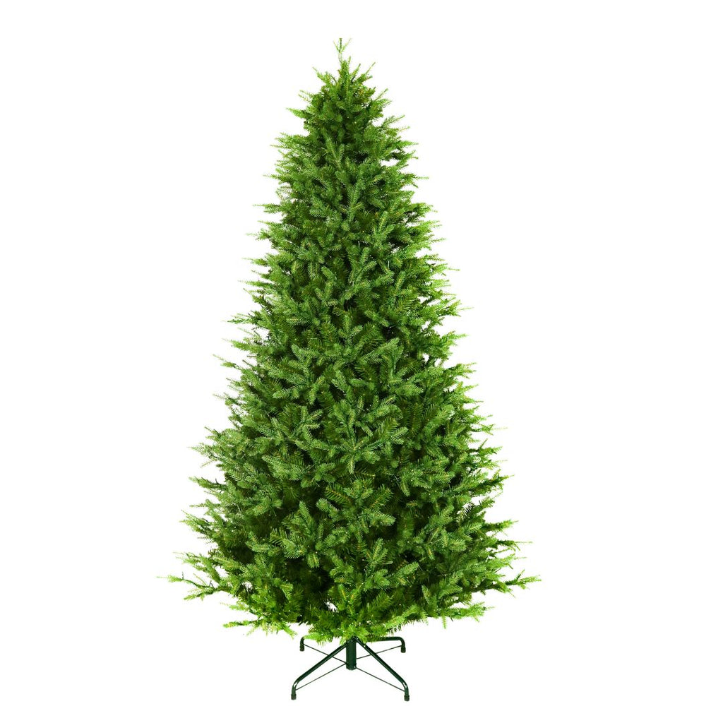 A 7.5 ft. Rocky Mountain Fir Multi-Function Lights full, conical artificial Christmas tree with realistic foliage standing on a green metal stand.