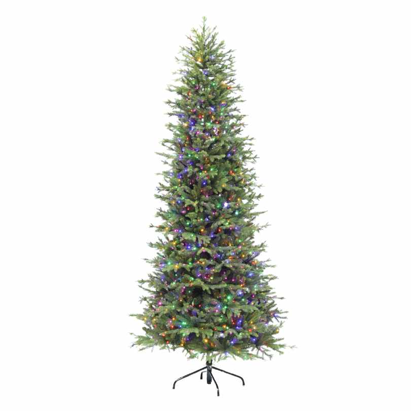 The 10 Ft. Slim Southern Fir with 3MM Super Bright Lights stands tall and slim on a black metal stand, perfect for festive decor. Available for Pick-Up & Delivery.