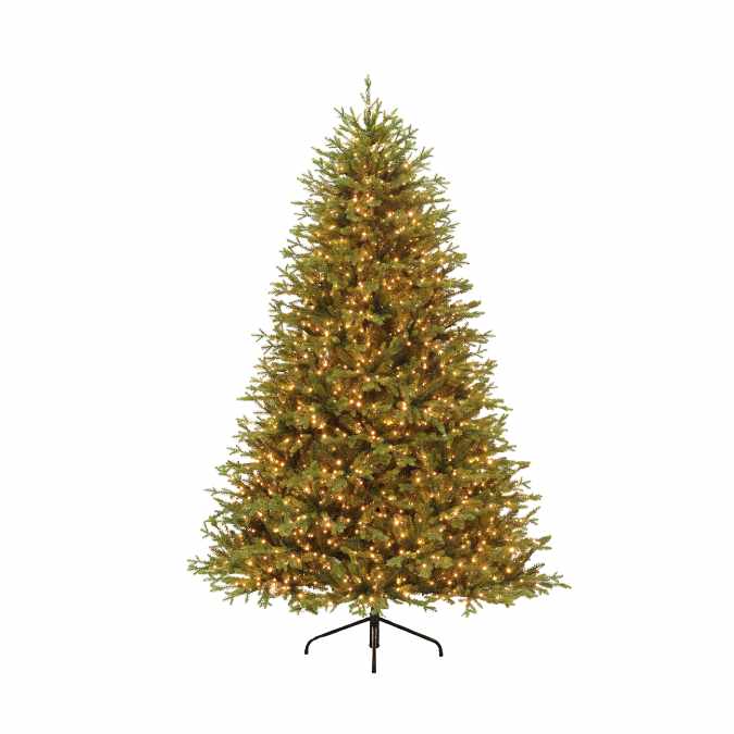 The Southern Pine LED 9-Function Lights 7.5 Ft. Christmas tree by Available for Pick-Up & Delivery features warm white LEDs and a black metal stand, shown against a plain white background.