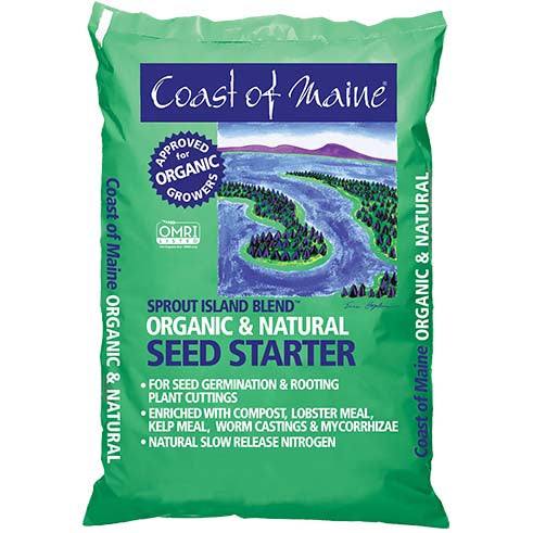 A green 16 qt. bag of Coast of Maine Organic Seed Starter (Pick-Up & Local Delivery Only) with a river and forest design. Ideal for seed germination, it contains compost, kelp meal, worm castings, lobster meal, and mycorrhizae.