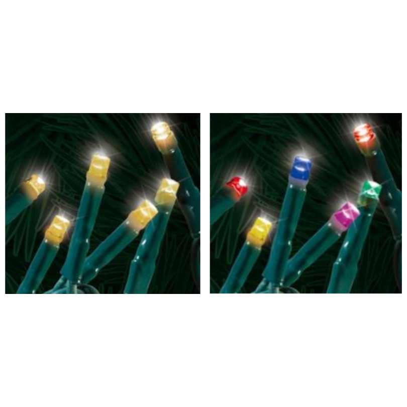 The Starry Lights 500 Micro LED String Set – Color Changing Warm White to Multi features energy-efficient LEDs that shift from warm white to red, blue, green, pink, and yellow on green wires—perfect for festive décor against a dark background.