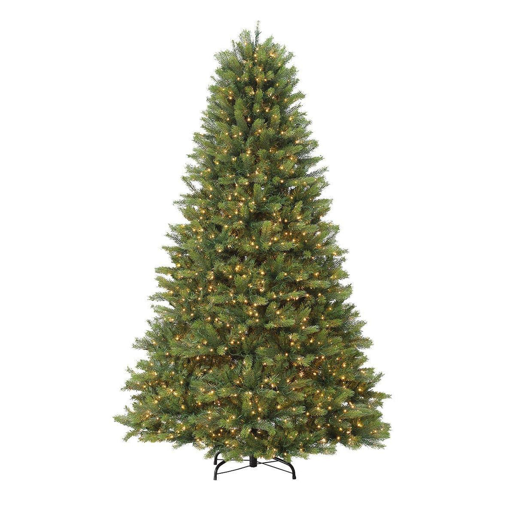 A full, lifelike Kensington Fir Multi-Function Lights 6.5 Ft. artificial Christmas tree pre-lit with warm white lights on a metal stand.