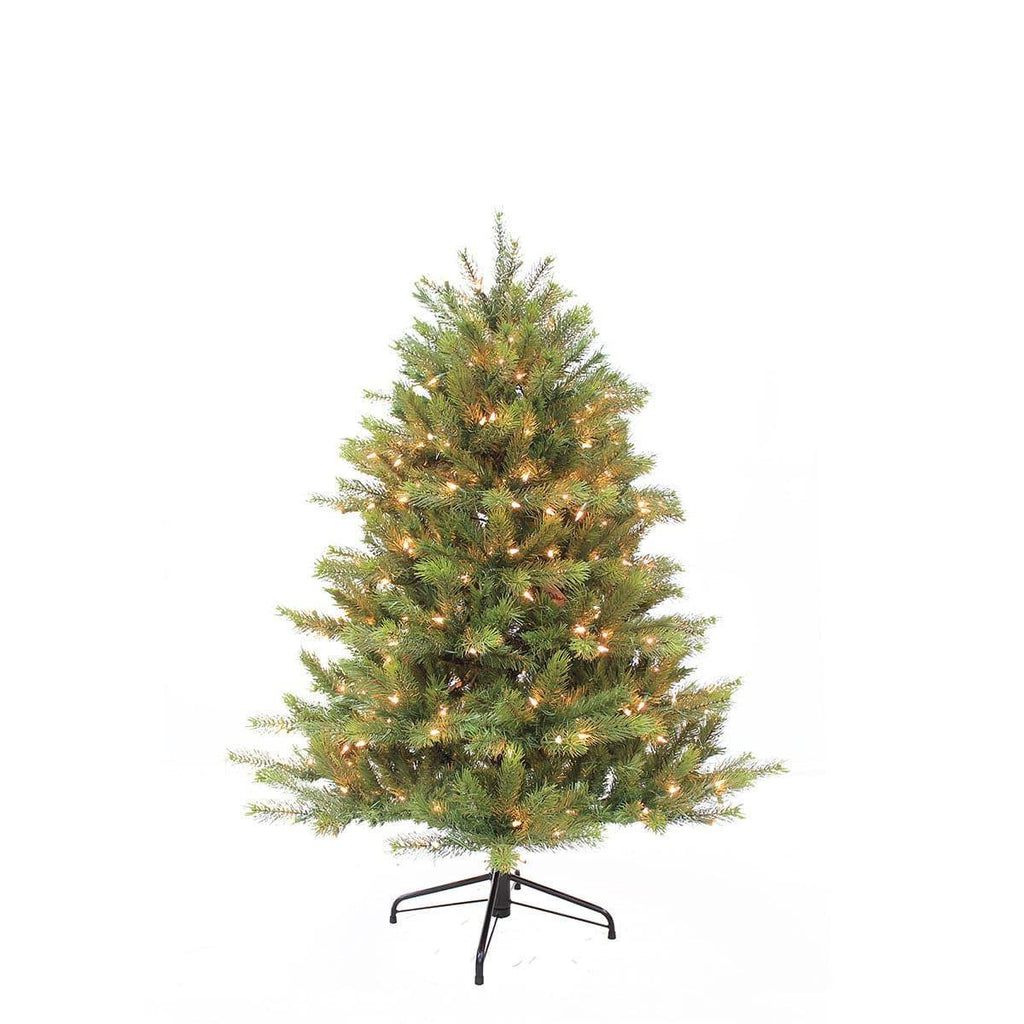 The Wyoming Fir Warm White LED Lights 4.5 Ft from Available for Pick-up & Delivery is a medium-sized artificial tree with dense, green branches and twinkling warm white lights, standing on a black metal stand against a plain white background.