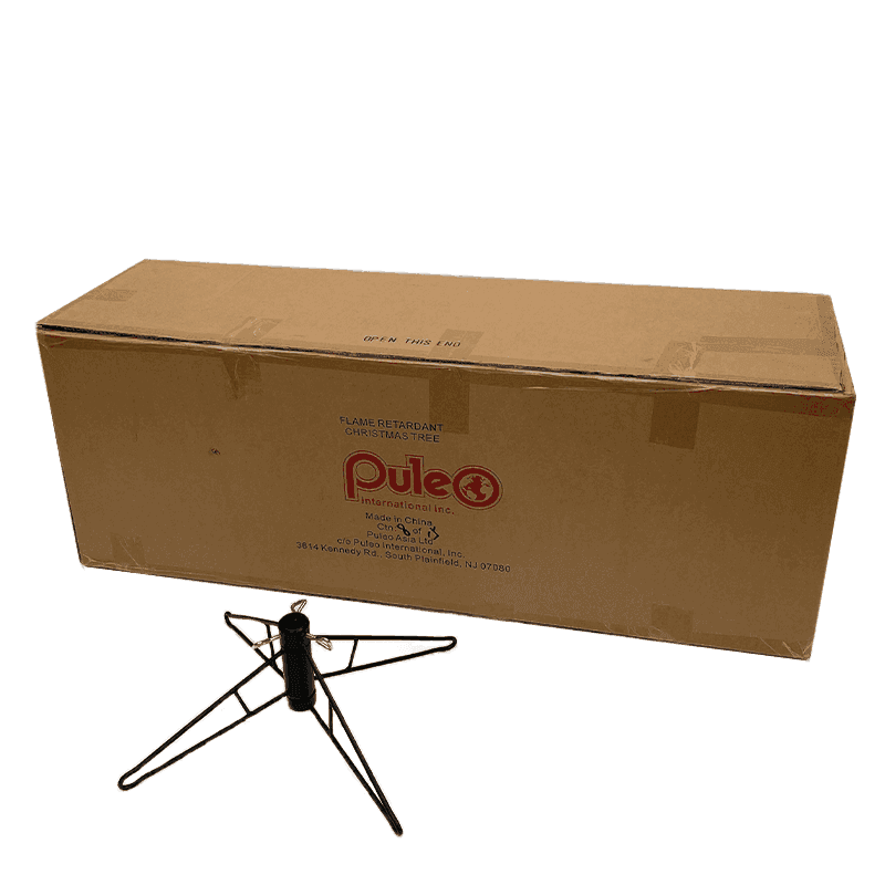 A large cardboard box displays the Available for Pick-up & Delivery logo, with a black metal stand highlighting the realistic design of a Wyoming Fir Warm White LED Lights 10 Ft. artificial Christmas tree, set elegantly against a crisp white background.