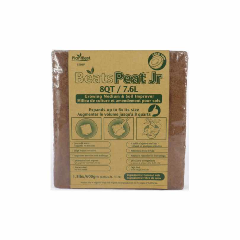 The Coco Coir Brick Compressed - 8 Qt. by Available for Pick-Up & Delivery is a sustainable soil amendment. Packaged eco-friendly, its front label provides product details and clear instructions for use.