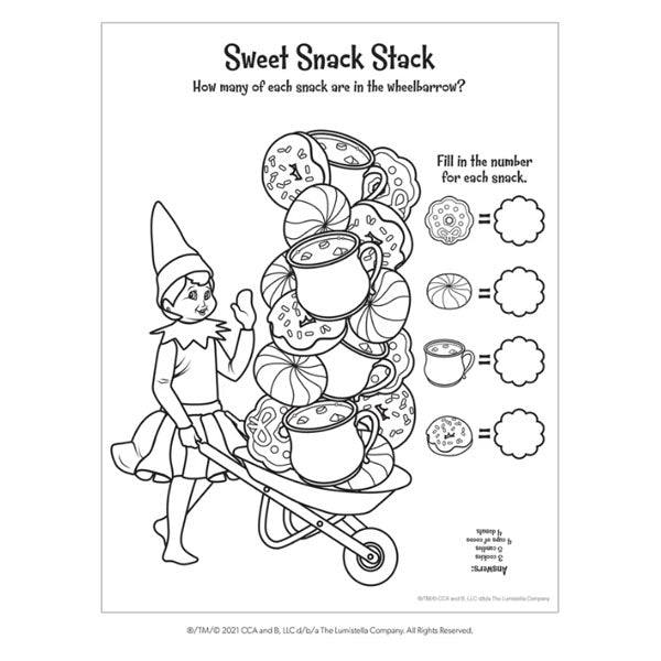Elf On The Shelf®: Santas North Pole Friends Activity Book features a black and white coloring page with an Elf pushing a wheelbarrow of identical stacks of donuts, cups, and cookies. Circles on the right track snack counts. Ideal for Christmas activities! Brand: Available for Pick-Up & Delivery.