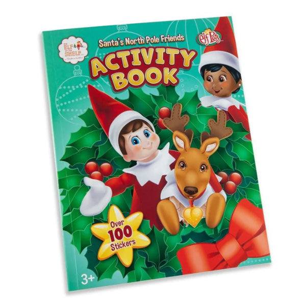 The Elf On The Shelf®: Santas North Pole Friends Activity Book by Available for Pick-Up & Delivery is a colorful Christmas activity book for ages 3+, featuring two Elf on the Shelf dolls and a red-nosed reindeer framed by a wreath, with a cover boasting Over 100 Stickers.