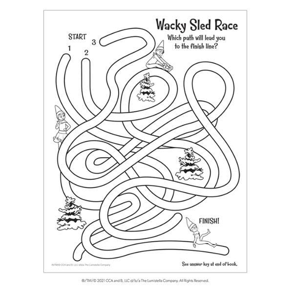 The Elf On The Shelf®: Santas North Pole Friends Activity Book includes the Wacky Sled Race maze, where three Elf Pets race through winding paths past evergreens to reach a gnome at the finish line. Check the answer key included in this delightful Christmas activity book.