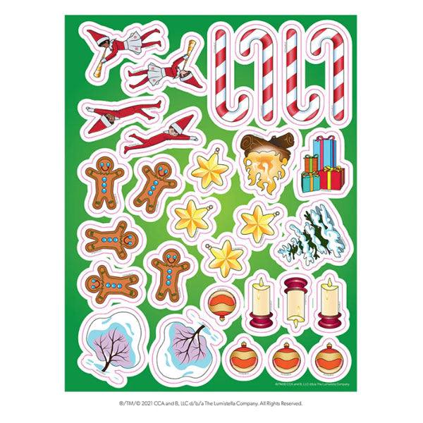 The Elf On The Shelf®: Santas North Pole Friends Activity Book by Available for Pick-Up & Delivery showcases stickers with candy canes, nutcrackers, gingerbread men, stars, candles, acorns, a snow-covered tree, and a mitten with a cat and melting snow on a green background.