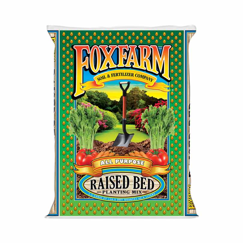 The FoxFarm Raised Bed Planting Mix (1.5 cu. ft.) bag, ideal for raised bed gardening, shows a garden scene with vegetables and flowers and is labeled All Purpose by Soil & Fertilizer Company. Available for Pick-Up & Delivery.