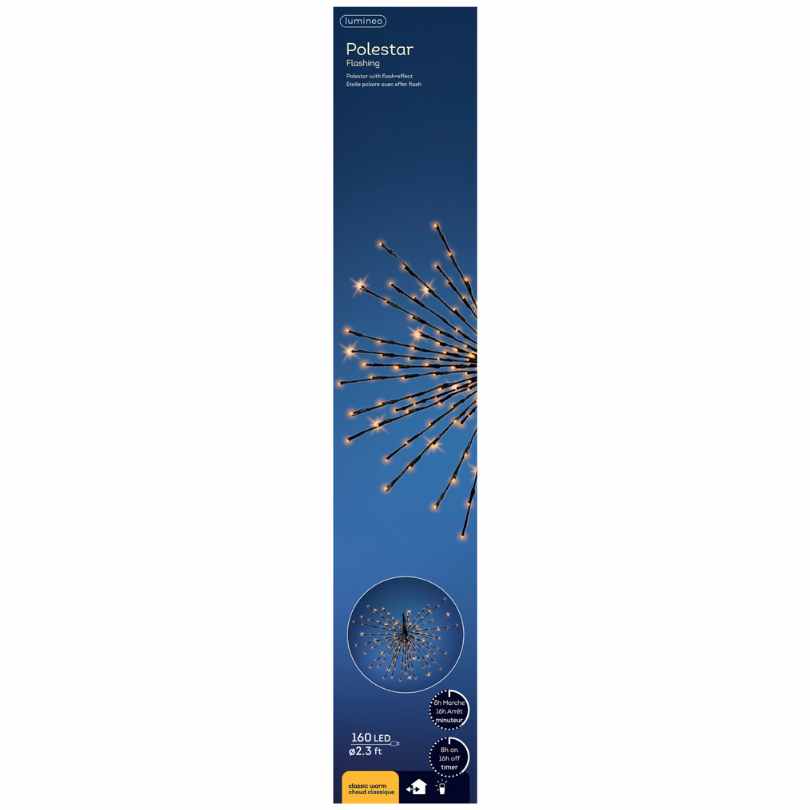 Rectangular blue box packaging for Polestar Flashing LED 160 ct. Black Decoration Classic Warm Lights—ideal for holiday décor. Features a glowing starburst image and is available for pickup & delivery; suitable for indoor or outdoor use.