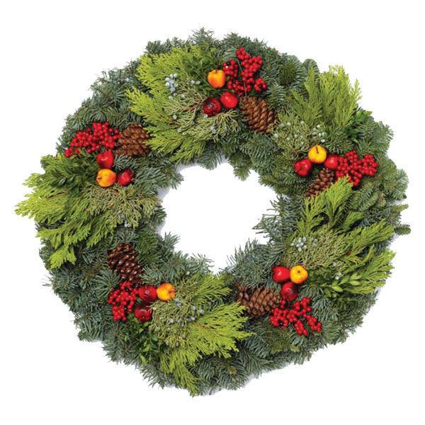 Introducing the Wreath - Royal Fruit by Available for Pick-up & Delivery, a festive centerpiece with lush pine branches, lifelike red berries, small red and yellow apples, and pinecones arranged symmetrically for stunning holiday charm.