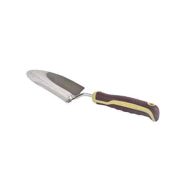The Wilson & Ross - Trowel by All Delivery Options features a stainless steel silver blade and a brown handle with yellow accents, perfect for gardening projects. Photographed on a white background.