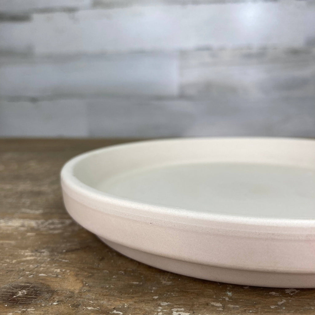 A close-up of the Saucer - Clay - Granite, designed for an 8-inch pot by Available for Pick-up & Delivery, sits on a wooden surface. The blurred light gray wall in the background adds a minimalist modern vibe with rustic charm.