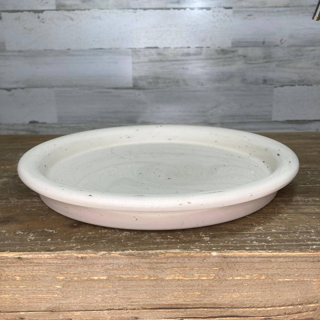 The Saucer - Clay - Granite, from Available for Pick-up & Delivery, is a round off-white ceramic dish displayed on wood with a simple, smooth design against a light gray textured wall, embodying modern decor.