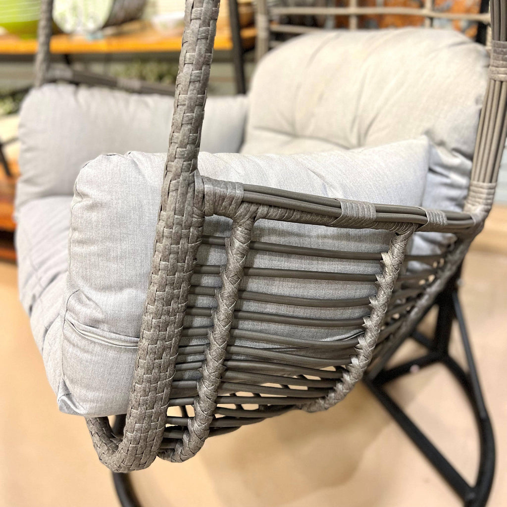 Close-up of the Pick-Up & Local Delivery Only Hanging Basket Chair with a durable woven rattan frame and thick grey cushion, highlighting the detailed wicker pattern and cozy design.