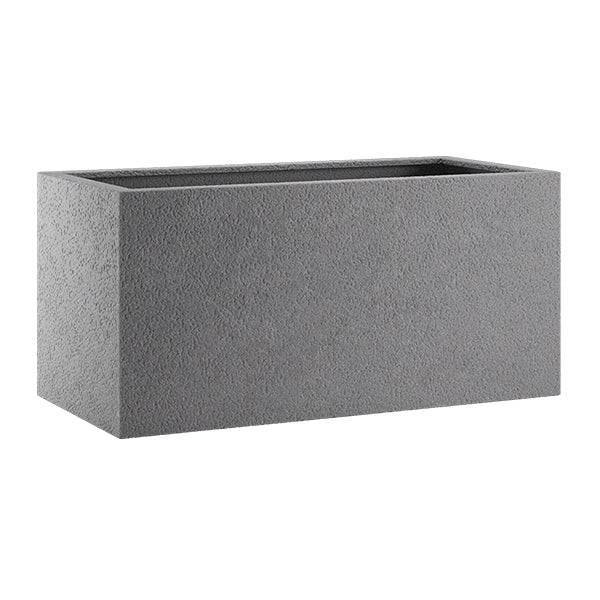 The Pickup & Local Delivery Only Gloucester Trough Planter in Grey (38x18) is a rectangular, textured fiberglass and mineral composite planter. Weather and UV resistant, its ideal for outdoor use and shown against a white background.
