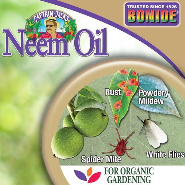 Product label for Bonide - Captain Jacks™ Neem Oil Ready-to-Use - qt. by All Delivery Options. Images show rust, powdery mildew, spider mite, and white flies—great for organic gardening pest control.