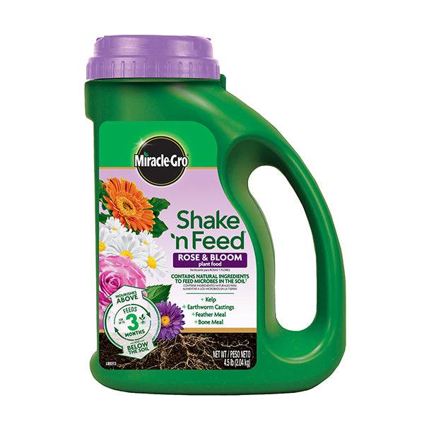 A 4.5 lb. green container of Miracle Gro® - Shake n Feed Bloom Plant Food, available for Pick-Up & Local Delivery Only, with a purple lid and vibrant flowers on the label highlighting essential micronutrients.