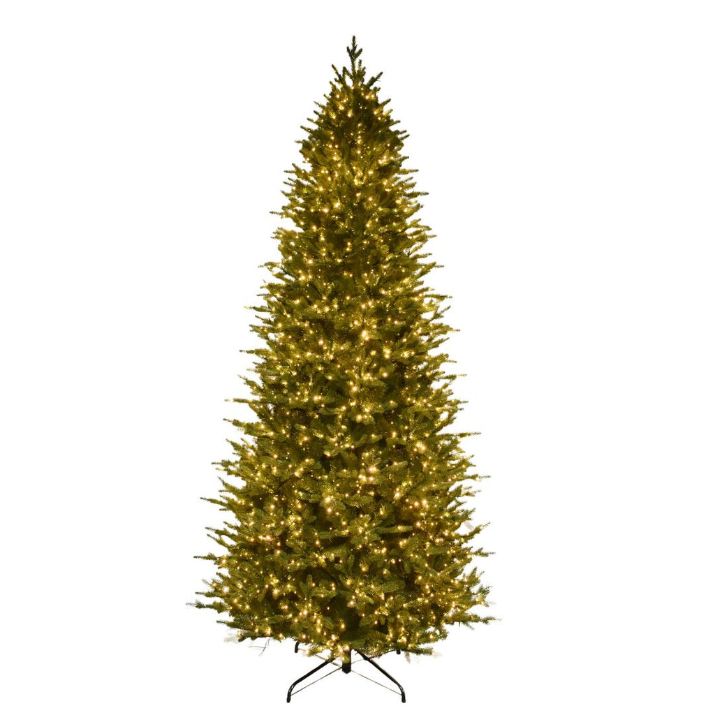 Rocky Mountain Fir Multi-Function Lights 9 Ft. realistic foliage artificial Christmas tree with warm white string lights on a metal stand.