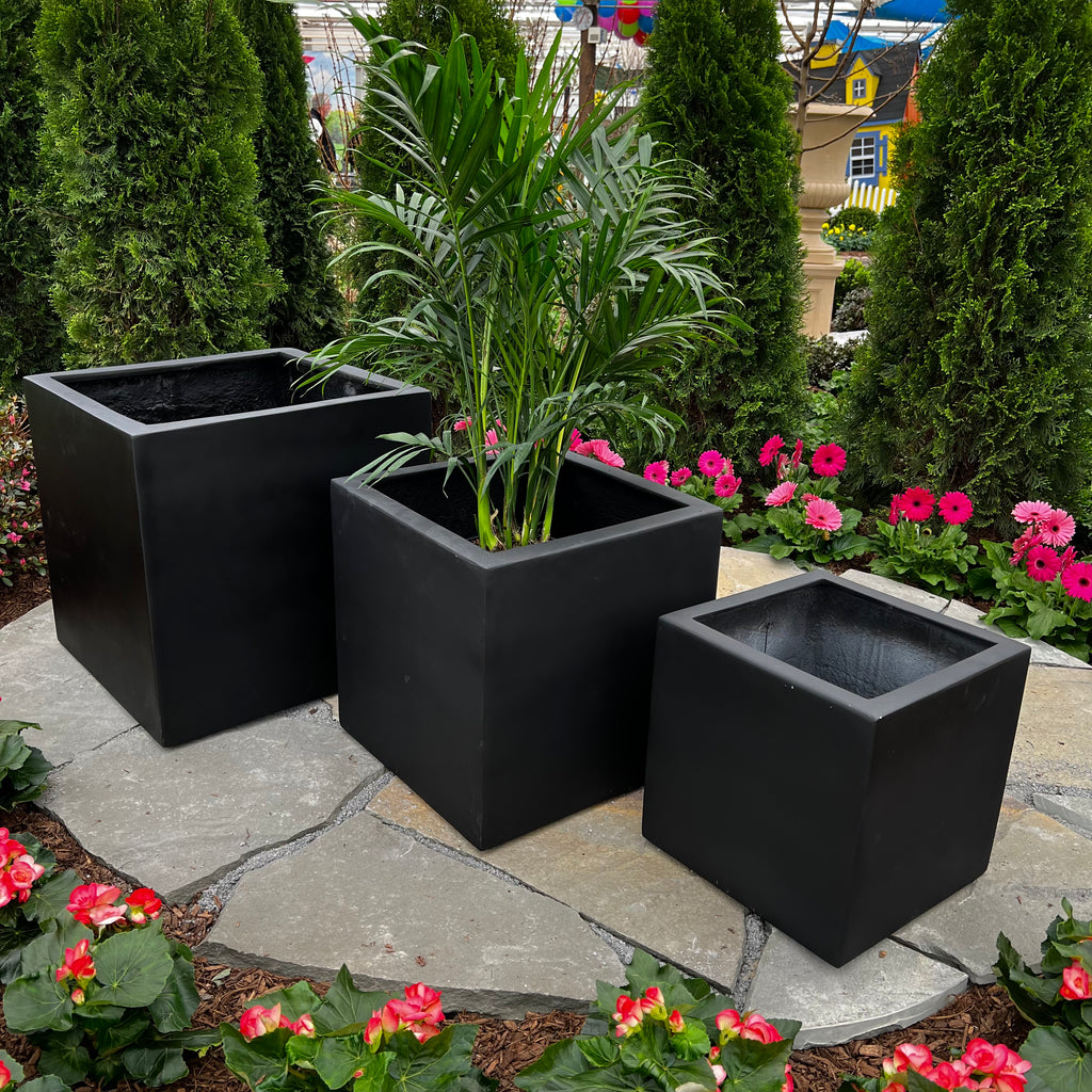 black square outdoor plant pots Alicante Cube Planter - Matte Black