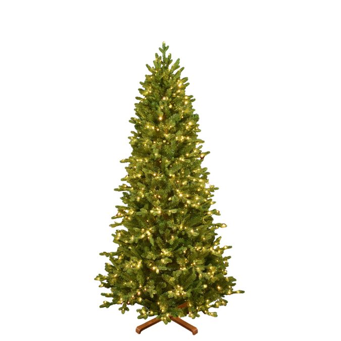 Lifelike Balsam Fir Multi-Function Light 6.5 Ft. artificial Christmas tree with glowing lights on a wooden stand.
