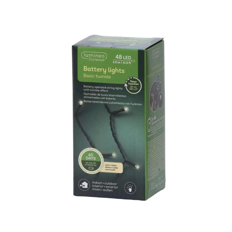 A green box of Durawise Battery Operated LED Twinkle String Lights in warm white, from Available for Pickup & Delivery. Features 48 LEDs, 60-day battery life, and is suitable for indoor/outdoor holiday décor. Front image shows the product in use.