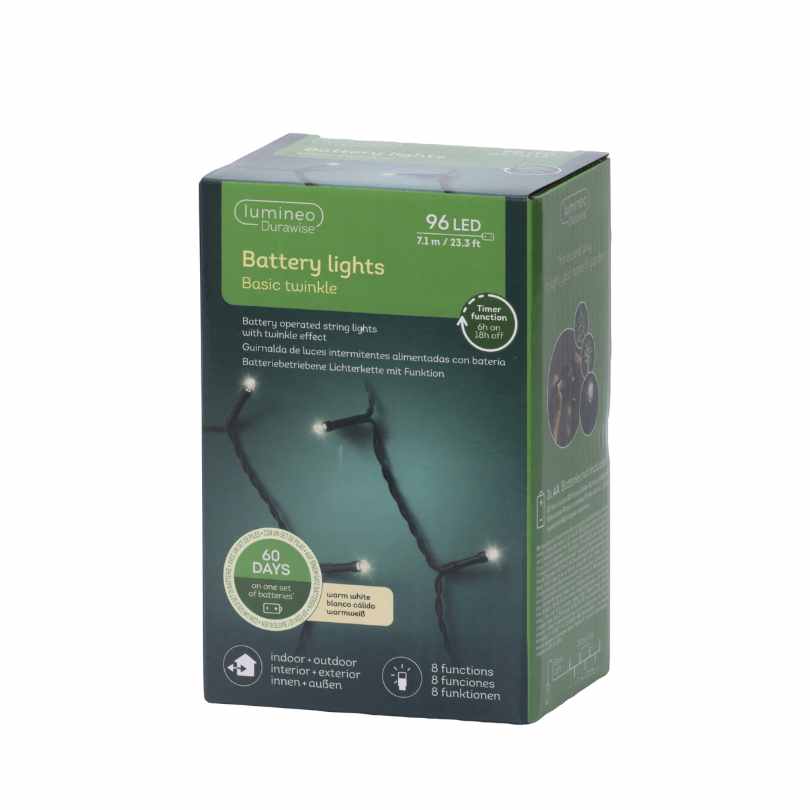 A green box of Durawise Battery Operated LED Twinkle String Lights Warm White features 96 LEDs, 8 functions, 60-day battery life, and is suitable for indoor/outdoor use. Brand: Available for Pickup & Delivery.