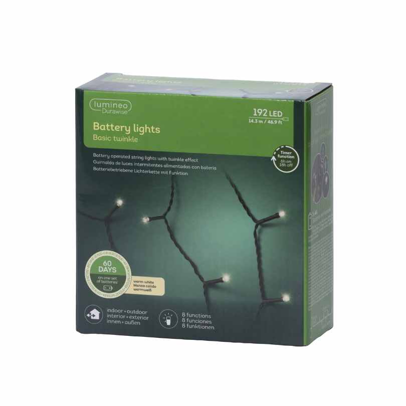 A green box of Durawise Battery Operated LED Twinkle String Lights Warm White with 192 LEDs. The packaging shows battery-operated twinkle lights, highlights 60-day battery life, and states they're suitable for indoor/outdoor use.
