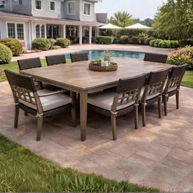 The Delivery Only Boundbrook 9-piece Outdoor Patio Dining Set, with cushioned chairs and a large wooden table, sits on a stone patio by the pool and features Sunbrella cushions, surrounded by a landscaped yard and house.