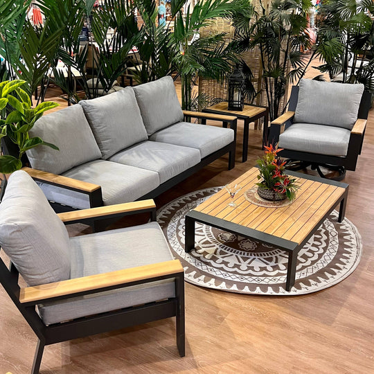 Bozania Outdoor Patio Sofa, Swivel Glider & Coffee Table – 4-Piece Set