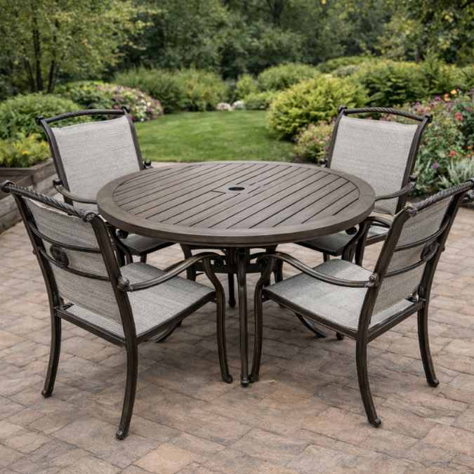 The Cabo 5-piece Outdoor Patio Dining Set by Delivery Only, featuring a round metal table with slatted top and four matching chairs, is arranged on a paved patio amid green bushes, flower beds, and trees in a landscaped garden.