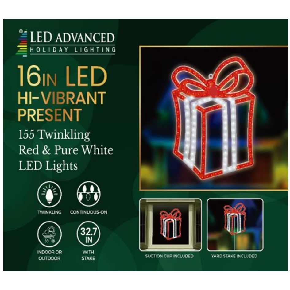 The Present - LED Red Outdoor Decor - 16" features red and white lights with twinkling and continuous modes, comes with a stake and suction cup, and is ideal for indoor or outdoor holiday decorating. Brand: Available for Pick-up & Delivery.