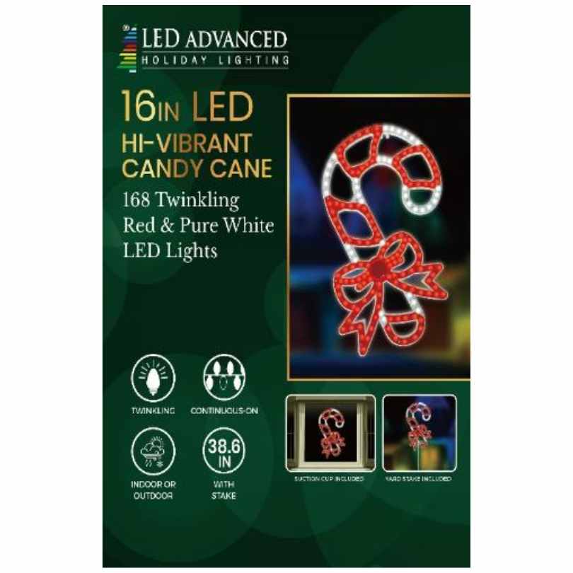 Packaging for Candy Cane with Bow - LED Outdoor Decor - 16" from Available for Pick-Up & Delivery. Features 168 red & white twinkling lights, red bow, and icons for twinkling, plug, stake, and outdoor/indoor use.