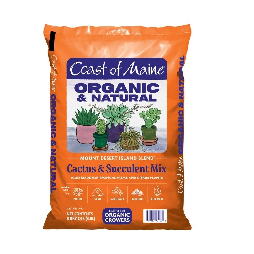 The Coast of Maine - Organic Cactus & Succulent Mix (8 Qt.) is ideal for cacti, succulents, tropical palms, and citrus plants. Available for Pick-Up & Delivery. The orange bag features illustrations of cacti and succulents.