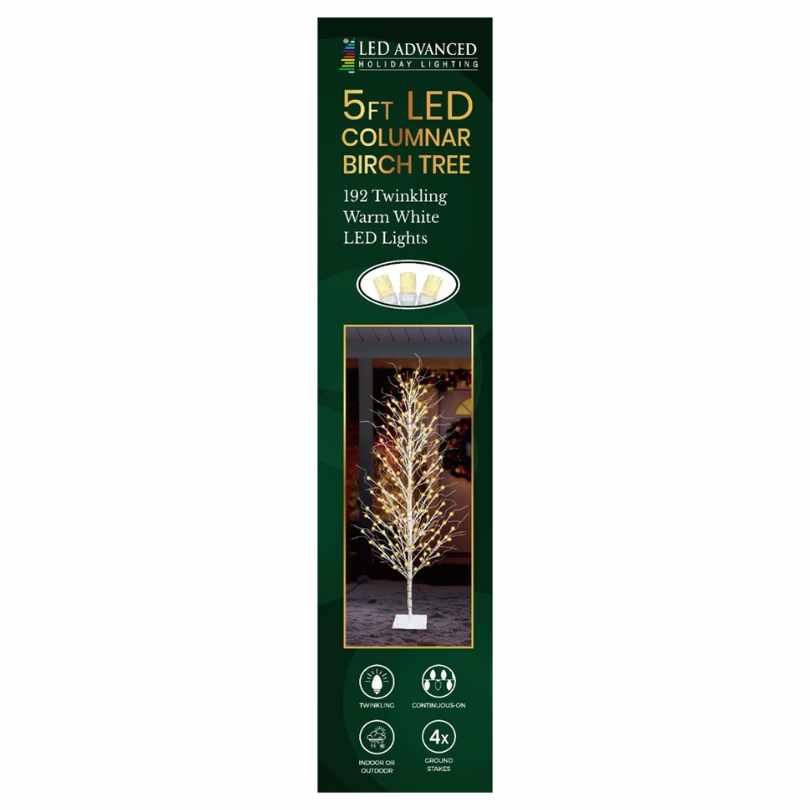 The Columnar Wire Birch Tree - LED Outdoor Decor - 5' comes in tall rectangular packaging featuring a photo of the lit tree, 192 warm white LEDs, and icons for indoor/outdoor use, remote control, and 4x energy savings. Available for Pick-Up & Delivery.