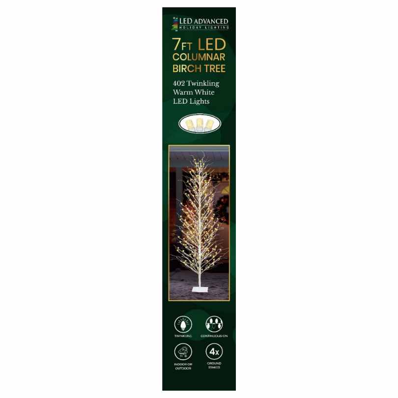 Box for Columnar Wire Birch Tree - LED Outdoor Decor - 5' by Available for Pick-Up & Delivery, featuring an image of the glowing tree plus icons for twinkling warm white LEDs, columnar shape, and energy efficiency—ideal for outdoor holiday décor.