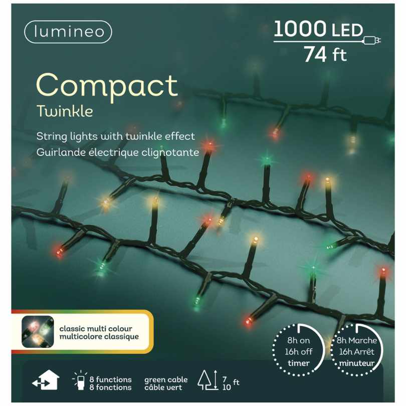 The LED 1000 ct. Compact String Lights Multi-Colored by Available for Pick-Up & Delivery feature 1000 LEDs on a 74 ft green cable, offer 8 lighting modes including twinkle, and shine as brightly as a 1000 lumen bike light.