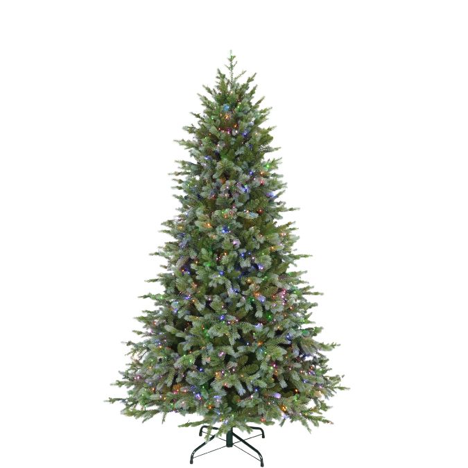 A 7.5 Ft. Concolor Fir Multi-Function Lights artificial Christmas tree, tall and conical, decorated with multicolored string lights on a metal stand.