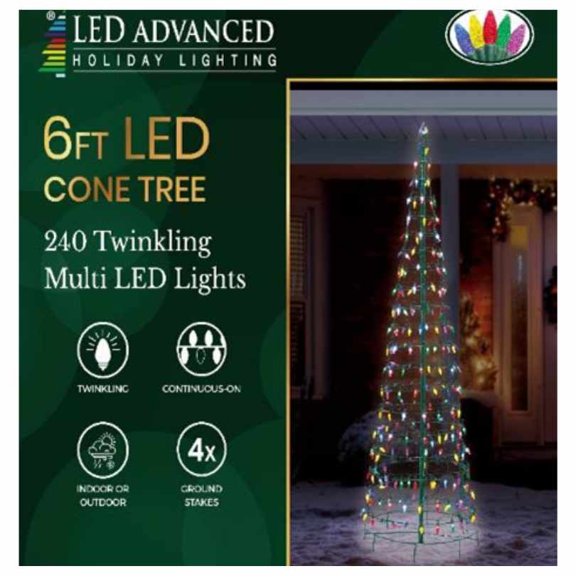 The Cone Tree - LED Outdoor Decor - 6' glows with 240 twinkling multicolored lights, features twinkle and continuous-on modes, includes ground stakes, and is suitable for indoor or outdoor use. Available for Pick-Up & Delivery.