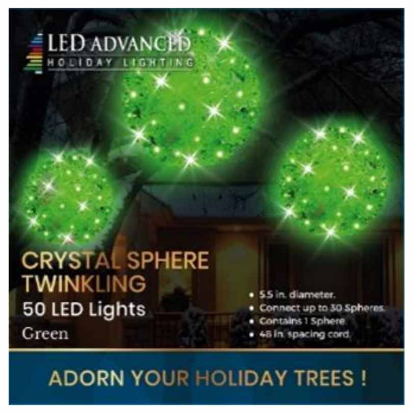 A product image for Available for Pick-Up & Delivery features the Crystal Sphere LED Light – Green – 5.5-Inch glowing on trees at night, labeled: Twinkling, 50 LEDs—perfect for indoor/outdoor Christmas décor in a festive setting.