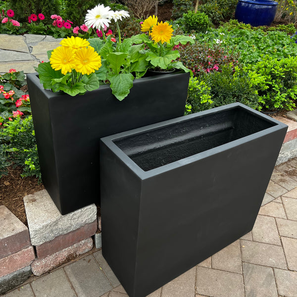 Two Pick-Up & Local Delivery Only Davenport Divider Planter - Black - 32x12 fiberglass planters are outdoors: one holds yellow and white flowers, the other is empty. They rest on stone pavers among green plants and blooms—ideal for outdoor use.