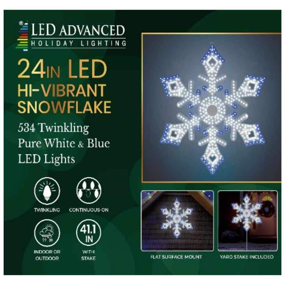 The Snowflake Star Shape - LED Outdoor Decor - 24" features twinkling pure white and blue lights, ideal for festive displays indoors or outdoors. Mount it flat on a building or use on a yard stake. Brand: Available for Pick-Up & Delivery.